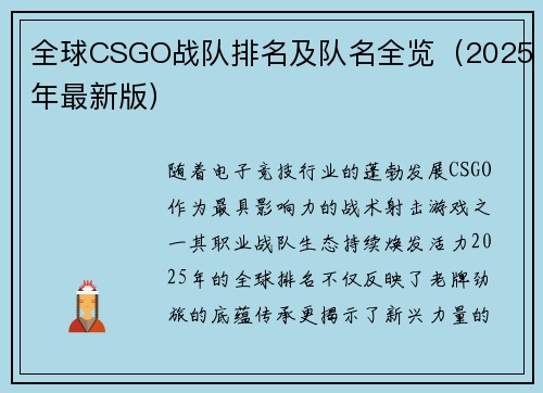 全球CSGO战队排名及队名全览（2025年最新版）